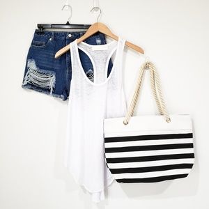 BEACH BUM ROPE & CANVAS STRIPED TOTE (BLACK)